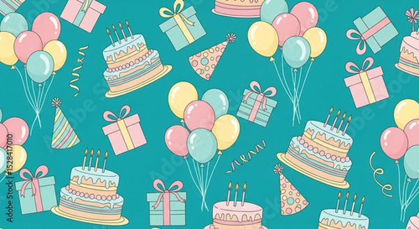 Fototapeta Teal background with pastel cakes, presents, balloons, and party hats, illustrating a joyful birthday celebration, perfect for invitations or festive designs