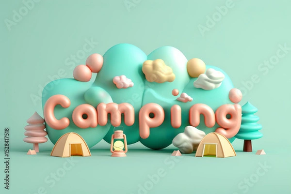 Fototapeta Text Camping with tents, lanterns, pine trees on light green background in digital art