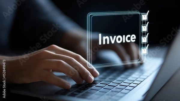 Fototapeta E-Invoice and Digital billing concept, Businessman using laptop to manage electronic statements on virtual screen. E-tax, Digital receipt, Online invoice processing and tax accounting solutions