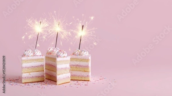 Fototapeta Festive Layered Cakes with Sparkler Candles – Copy Space on Pink