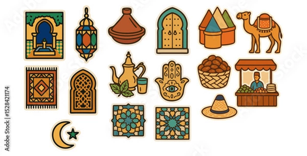 Fototapeta Morocco Travel Icons – Vector Stickers of Moroccan Culture, Architecture, Food and Islamic Patterns – Transparent Background
