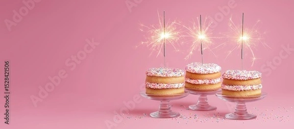 Fototapeta Layered Vanilla Birthday Cakes with Sparkler Candles on Pink Background with copy space 