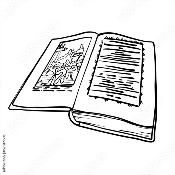 Obraz Black and white line drawing of an open book. Vector illustration of open book in sketch style. Hand-drawn vector design elements. Vintage literature in outline drawing. A book is with open pages