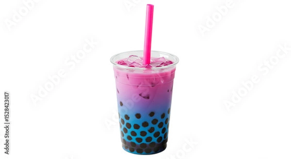 Fototapeta A refreshing and colorful bubble tea with layered hues and a pink straw, perfect for a hot day.