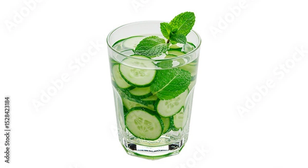 Fototapeta A glass of refreshing cucumber and mint infused water is shown.