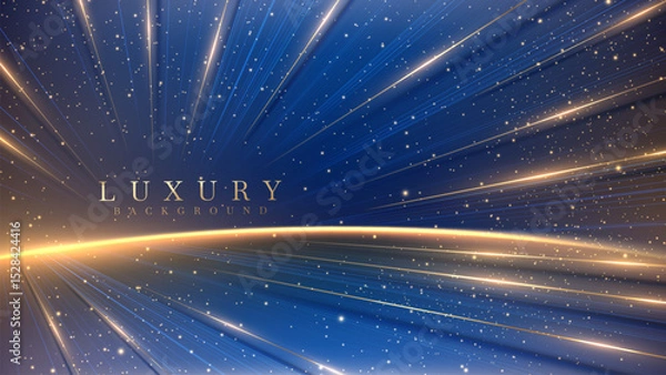 Fototapeta Empty blue stage scene with golden neon lights and bokeh effect, luxury background design concept suitable for award ceremony backdrop design element or product promotion.