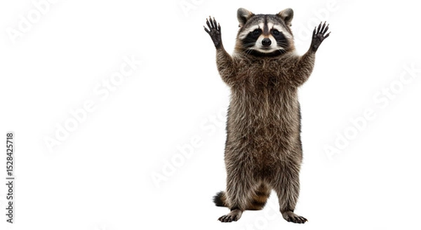 Fototapeta A cute raccoon stands with its paws up against a black backdrop, looking directly at you.