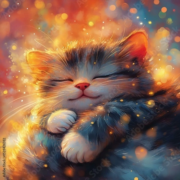 Obraz A cozy, happy kitten surrounded by a warm, magical glow, radiating cuteness and comfort with its eyes closed, capturing joyous moments.