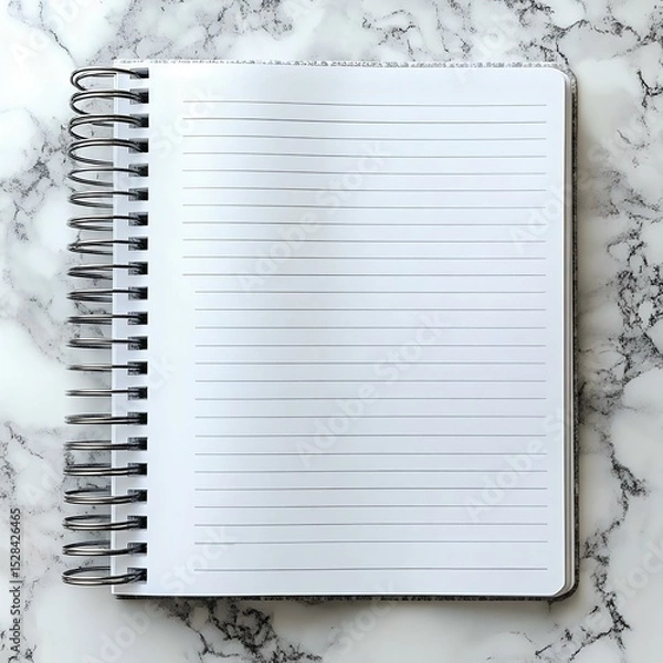 Obraz A blank spiral notebook with lined pages on a marble surface, ideal for writing, note-taking, or journaling in a modern workspace.