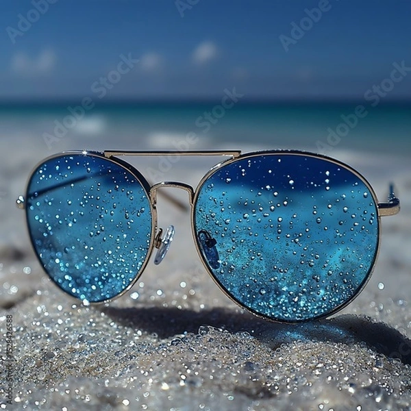Obraz Stylish sunglasses with water droplets on the lens, placed on sandy beach with ocean in the background, perfect for summer vibes and beach photography.