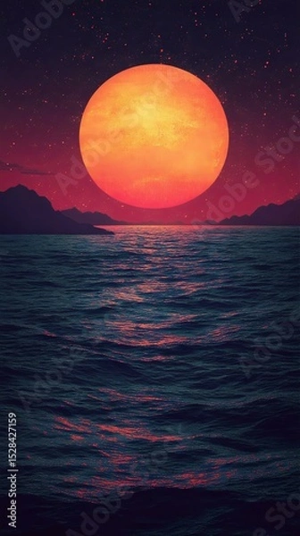 Obraz A stunning sunset over the ocean, featuring a large, vibrant orange sun casting a warm glow on the water with distant mountains in the background.