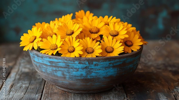 Fototapeta Vibrant Yellow Osteospermum Flowers in Rustic Blue Bowl on Wooden Table