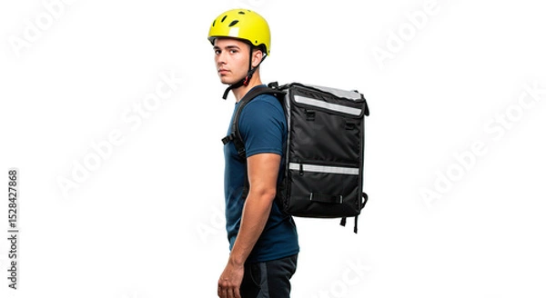 Fototapeta A delivery man with a backpack and helmet ready to deliver an order.