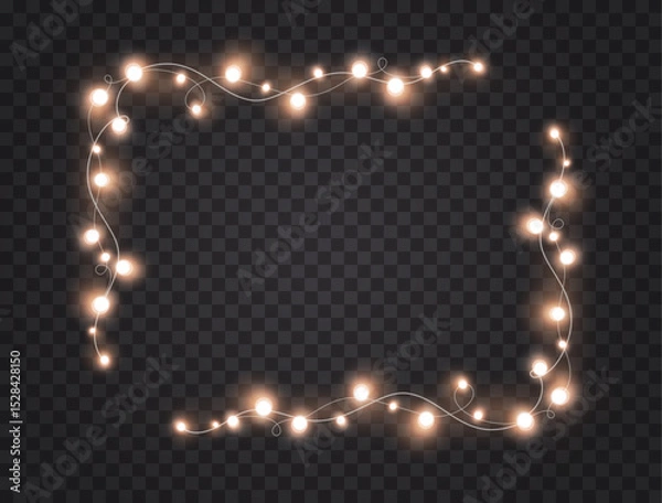 Obraz Lights bulbs frame isolated on transparent background. Glowing fairy Christmas garland string. Vector New Year party led lamps decoration border