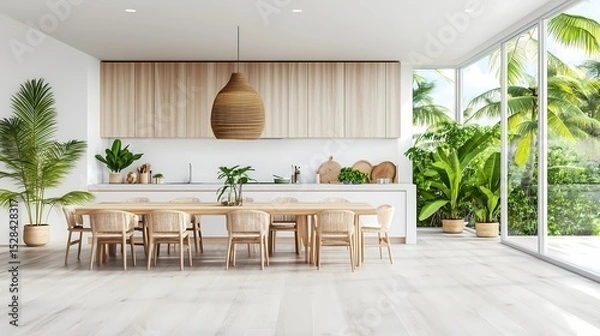 Obraz Scandinavian minimalist living room with soft neutral colors, white walls, wood furniture, green plants, large windows letting in natural light