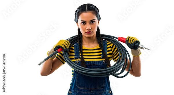Fototapeta Confident electrician poses with electrical cable, ready for the next project.
