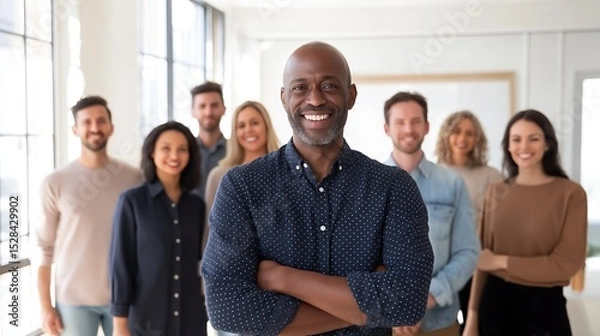 Fototapeta Confident African American team leader stands at the front of a diverse group of professionals in a bright, modern office