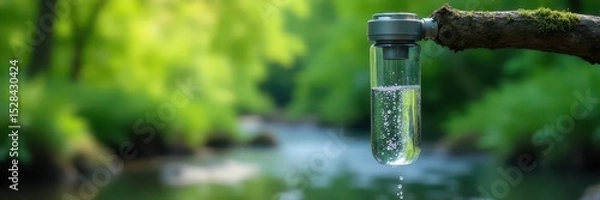 Fototapeta Gravity-fed water filter suspended from tree branch, clear water drips ,  branch,  survival