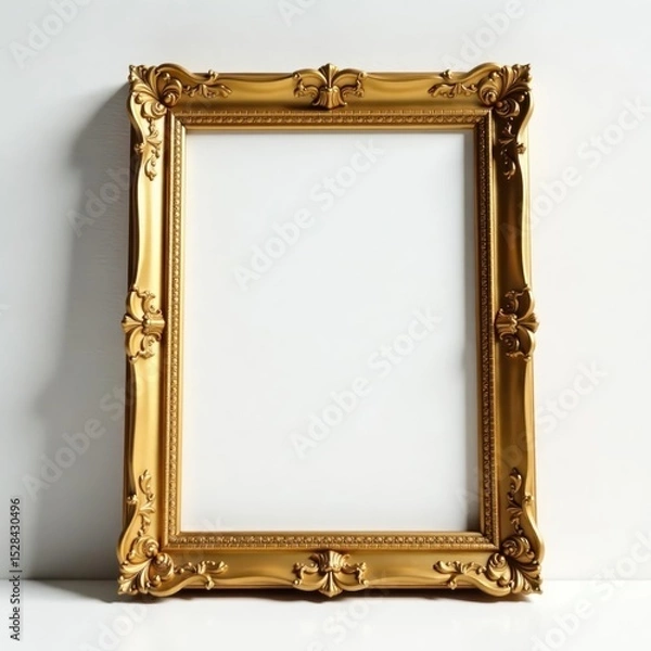 Fototapeta Ornate gold wooden frame on white, classic design , element, gallery frame