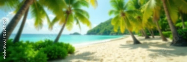 Fototapeta Soft-focus green park, blurred beach, coconut trees, vibrant, park, palm trees