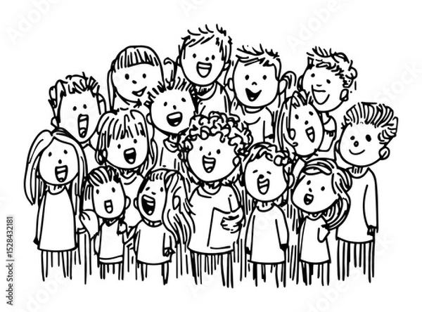 Fototapeta group of happy children singing vector laser cutting engraving doodle shape