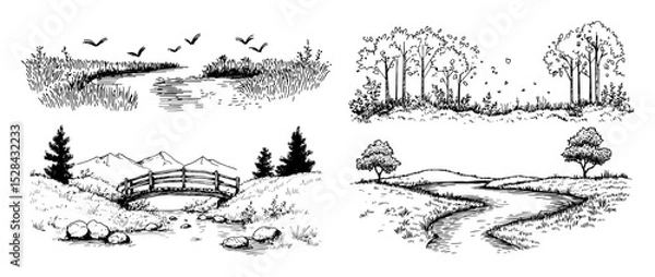 Fototapeta landscape with forest trees bridge river vector laser cutting engraving doodle shape