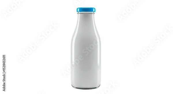 Fototapeta A sleek glass milk bottle with a vibrant blue cap, isolated on a black backdrop.