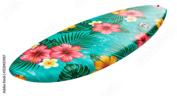 Fototapeta Beautifully designed surfboard with a vivid tropical flower pattern and a serene water-like base.