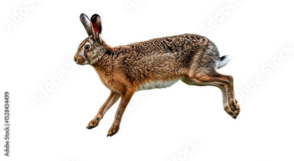 Fototapeta A stunning shot of a brown hare mid-leap, showcasing its speed and agility against a black backdrop.