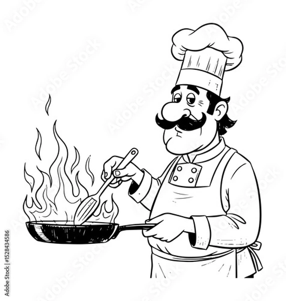 Fototapeta chef cooking with flaming pan hand drawn sketch