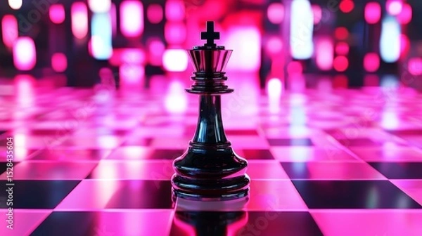 Fototapeta Futuristic Chess Piece King on a Flat Chessboard with Neon Lights