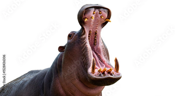 Fototapeta A striking portrait captures a hippopotamus displaying its impressive open mouth.