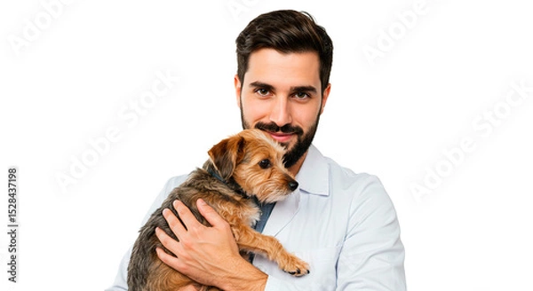 Fototapeta A caring veterinarian holds a small dog, showcasing a bond of trust and affection.