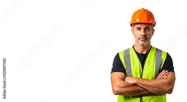 Fototapeta A serious construction worker stands with arms crossed, wearing a hard hat and safety vest, ready for work.