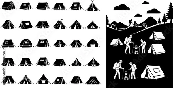 Obraz set of vector camping tent, tent icon, camping silhouettes collection, People camping scene, Landscape - camping in mountains silhouettes
