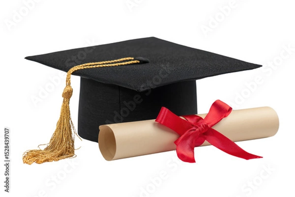 Fototapeta Graduation cap and diploma rolled with a red ribbonIsolated on transparent Background.
