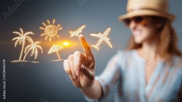 Fototapeta A traveler interacts with a glowing summer travel interface, featuring minimalist icons  clean, modern, and vacation-ready.