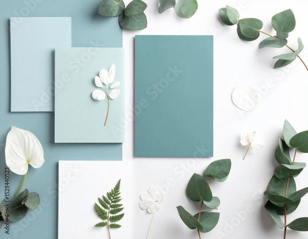 Fototapeta White and sage background ,Minimalist  with Eucalyptus Leaves and White Flowers for Wedding Invitation, party invites , digital creations, top view