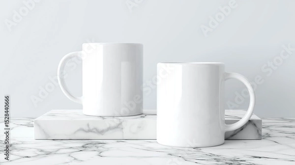 Fototapeta White Mugs Mockup on Marble Surface with Minimalist Decor 