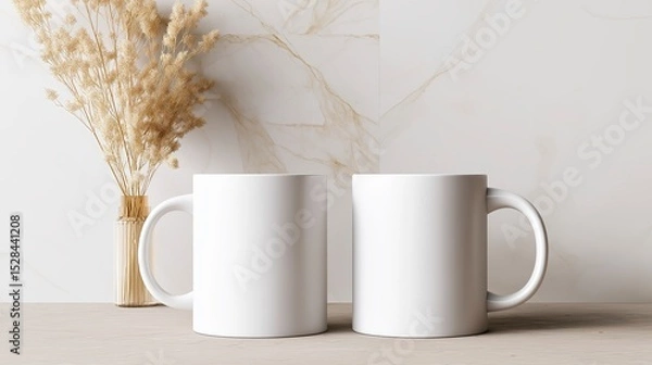 Fototapeta White Mugs Mockup on Marble Surface with Minimalist Decor 