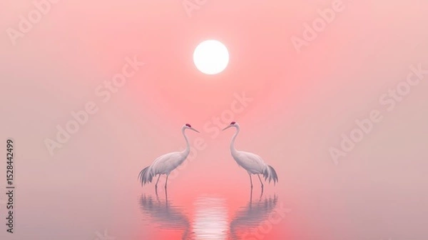Fototapeta Serene White Cranes Against Soft Red Sun on Horizon at Dusk