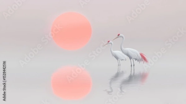 Fototapeta Serene Red Sun Setting on Horizon with Two White Cranes Reflection