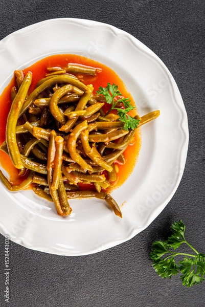 Obraz Green beans tomato sauce fresh delicious gourmet food background on the table rustic food top view copy space keto and paleo diet vegetarian and vegan food