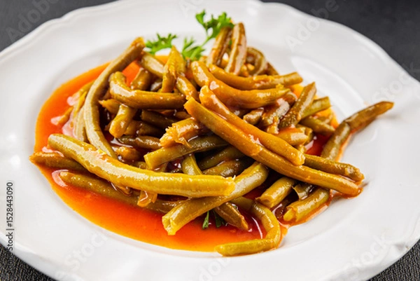 Obraz Green beans tomato sauce fresh delicious gourmet food background on the table rustic food top view copy space keto and paleo diet vegetarian and vegan food