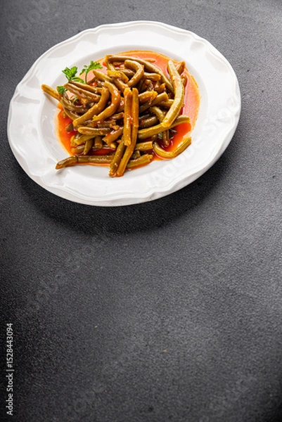 Obraz Green beans tomato sauce fresh delicious gourmet food background on the table rustic food top view copy space keto and paleo diet vegetarian and vegan food