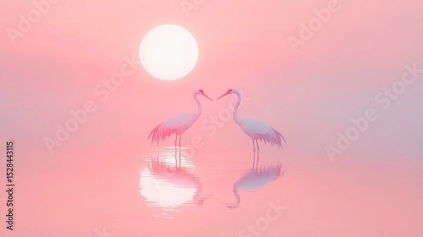Fototapeta Serene Minimalist Scene of Two Cranes Silhouetted Against Rising Sun