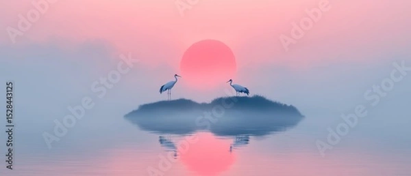 Fototapeta Tranquil Island Scene with Two Cranes and Rising Red Sun