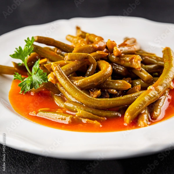 Obraz Green beans tomato sauce fresh delicious gourmet food background on the table rustic food top view copy space keto and paleo diet vegetarian and vegan food