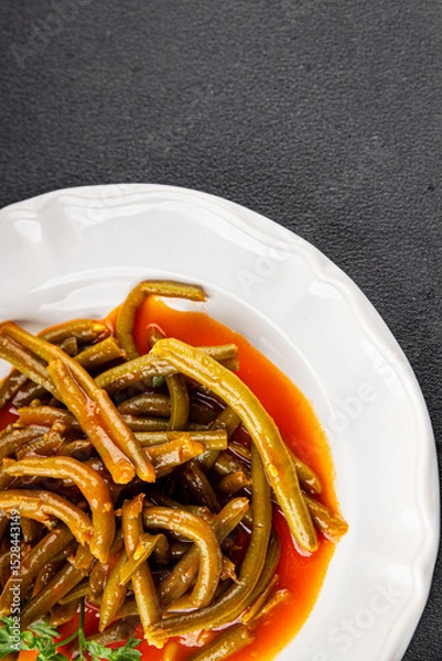 Obraz Green beans tomato sauce fresh delicious gourmet food background on the table rustic food top view copy space keto and paleo diet vegetarian and vegan food