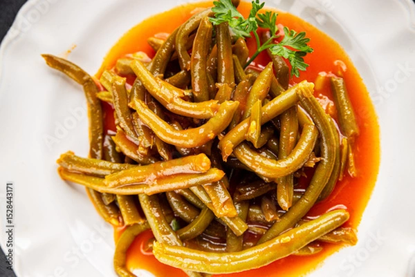 Obraz Green beans tomato sauce fresh delicious gourmet food background on the table rustic food top view copy space keto and paleo diet vegetarian and vegan food